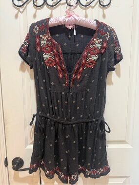 Free People Black Jumper with Red and Cream Embroidered Motifs Size XS